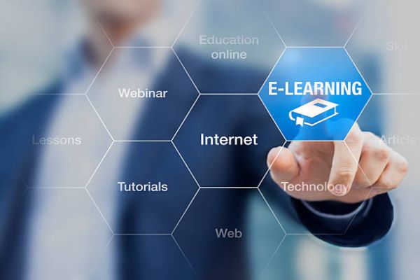 Plataforma e-learning; diferentes iconos que abarcan todos los aspectos de la capacitacción virtual